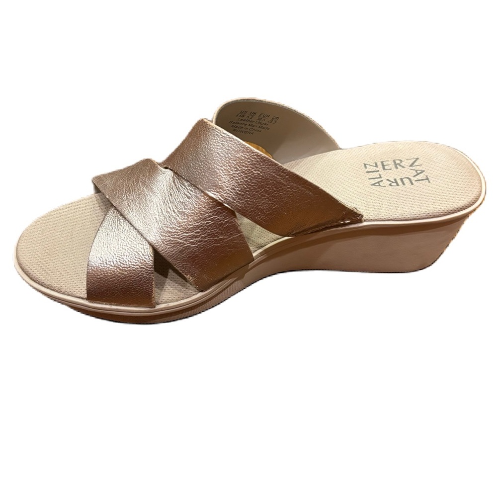 NATURALIZER Womens Rowena Wedge Leather Slide Sandals 8.5W Warm Silver Metallic